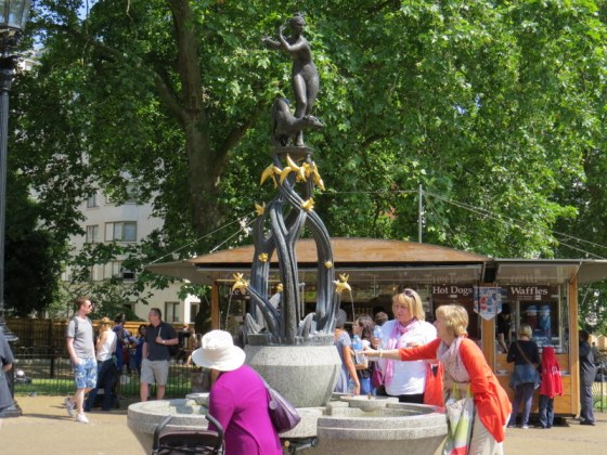 A fountain in Green Park where people fill their water bottles.  
