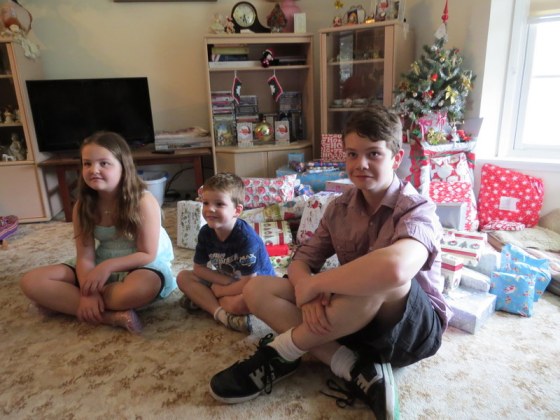 Ella, Alexander and Jack ready to open gifts