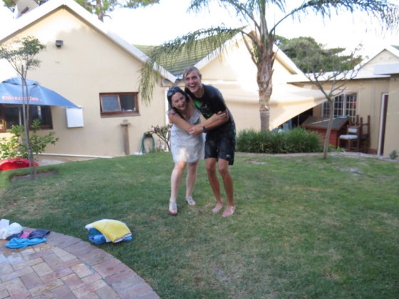 Laurie arrives and gets a wet hug