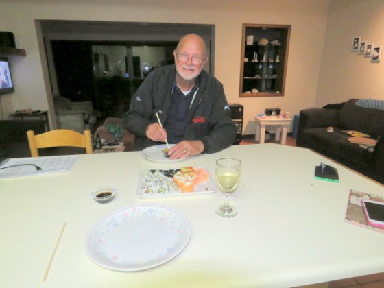 Earl tucking into Japanes sushi on the night of the Big Game